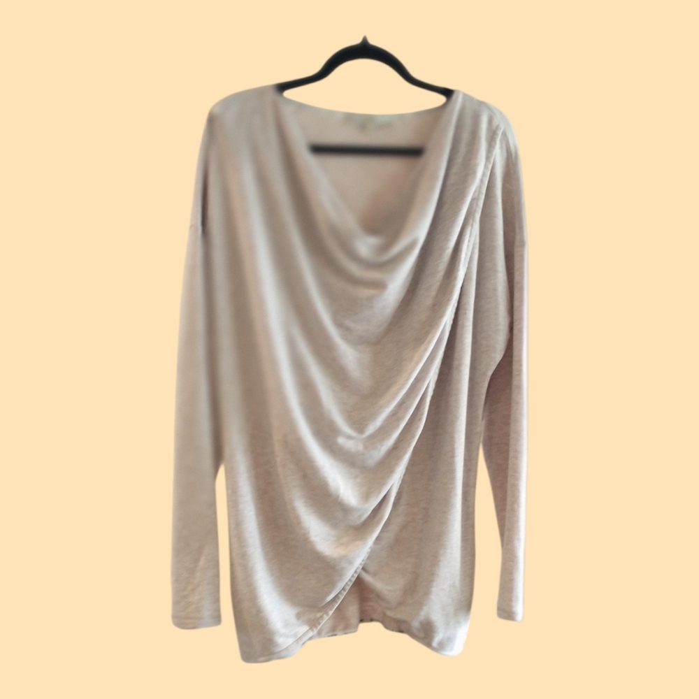 Max Studio Draped Cowl-Neck Long Sleeve Tunic in Light Beige